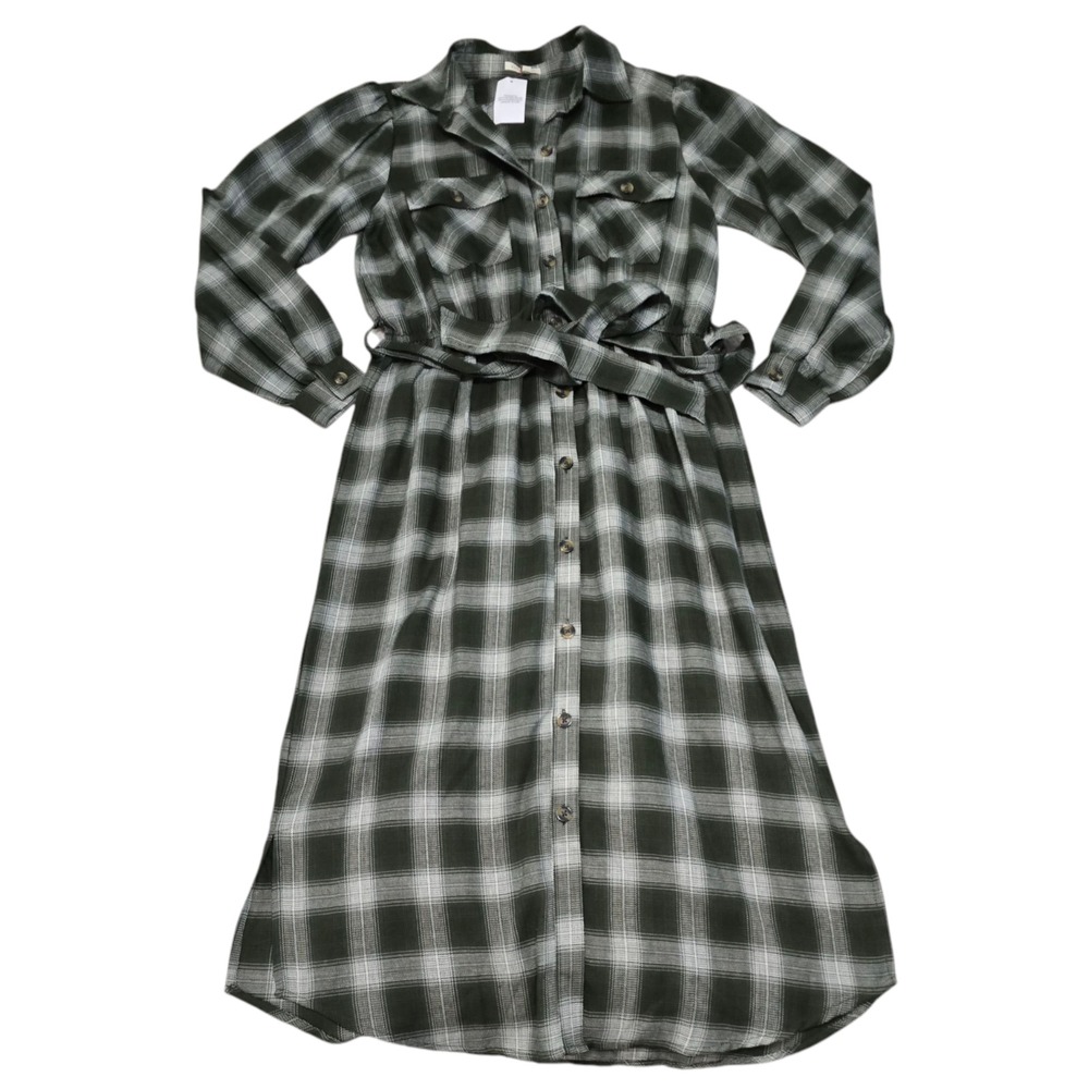 Kate Sam Womens Green Plaid Button Up Dress Side Slit Long Sleeve Belted S NWT
